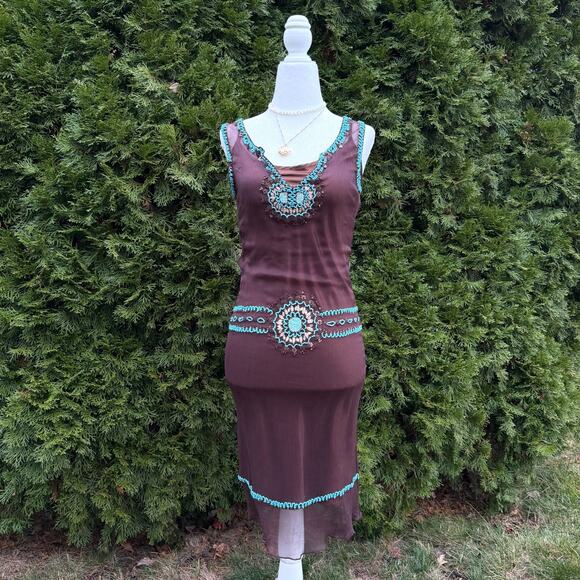 Zoe D. Beaded Dress XS – Sheer Brown Turquoise Hand Beaded Y2K Cocktail Dress - Picture 2 of 6